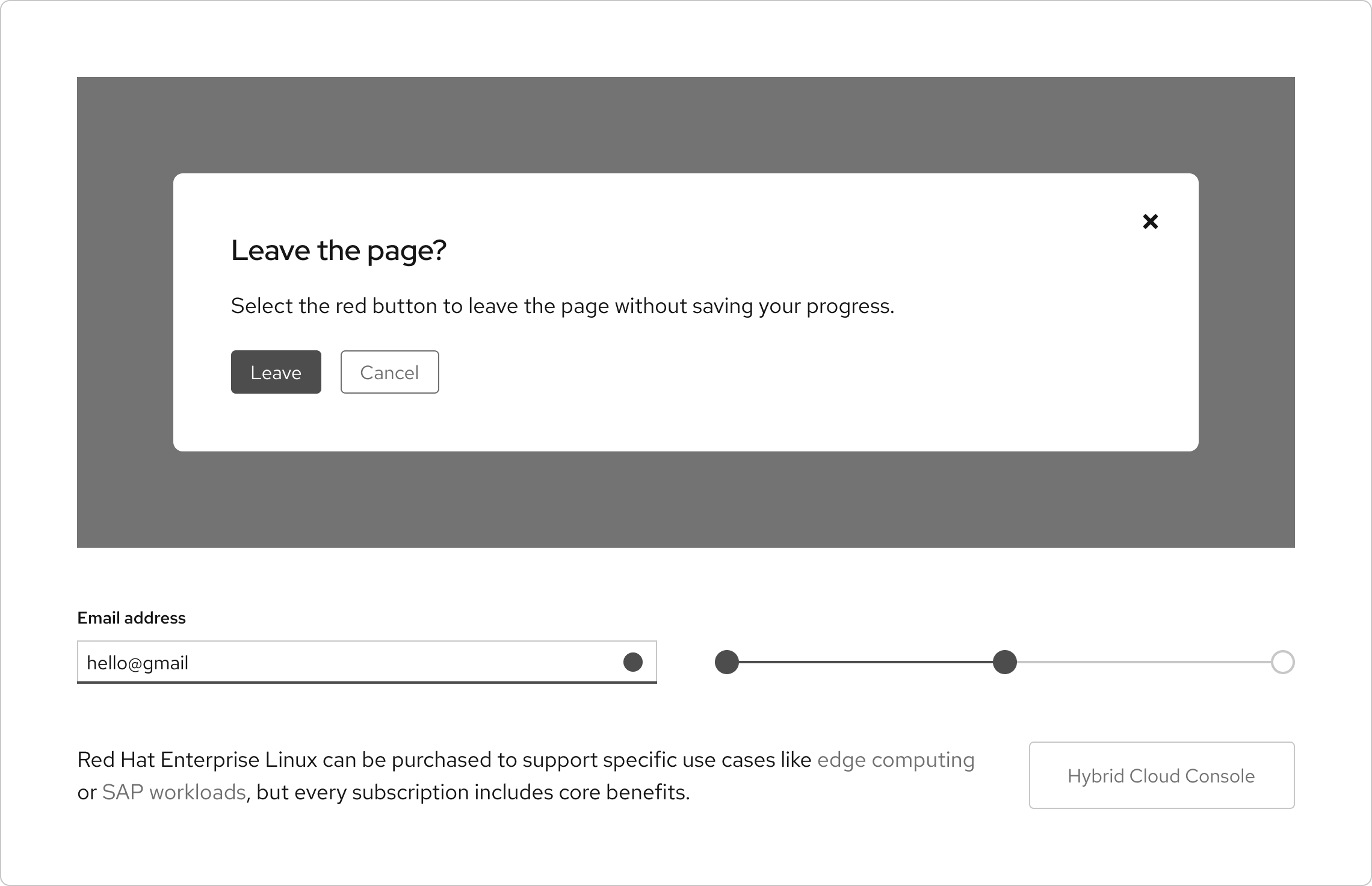 Dialog with a gray leave button, a form field with a gray bottom border, and progress steps in gray without labels